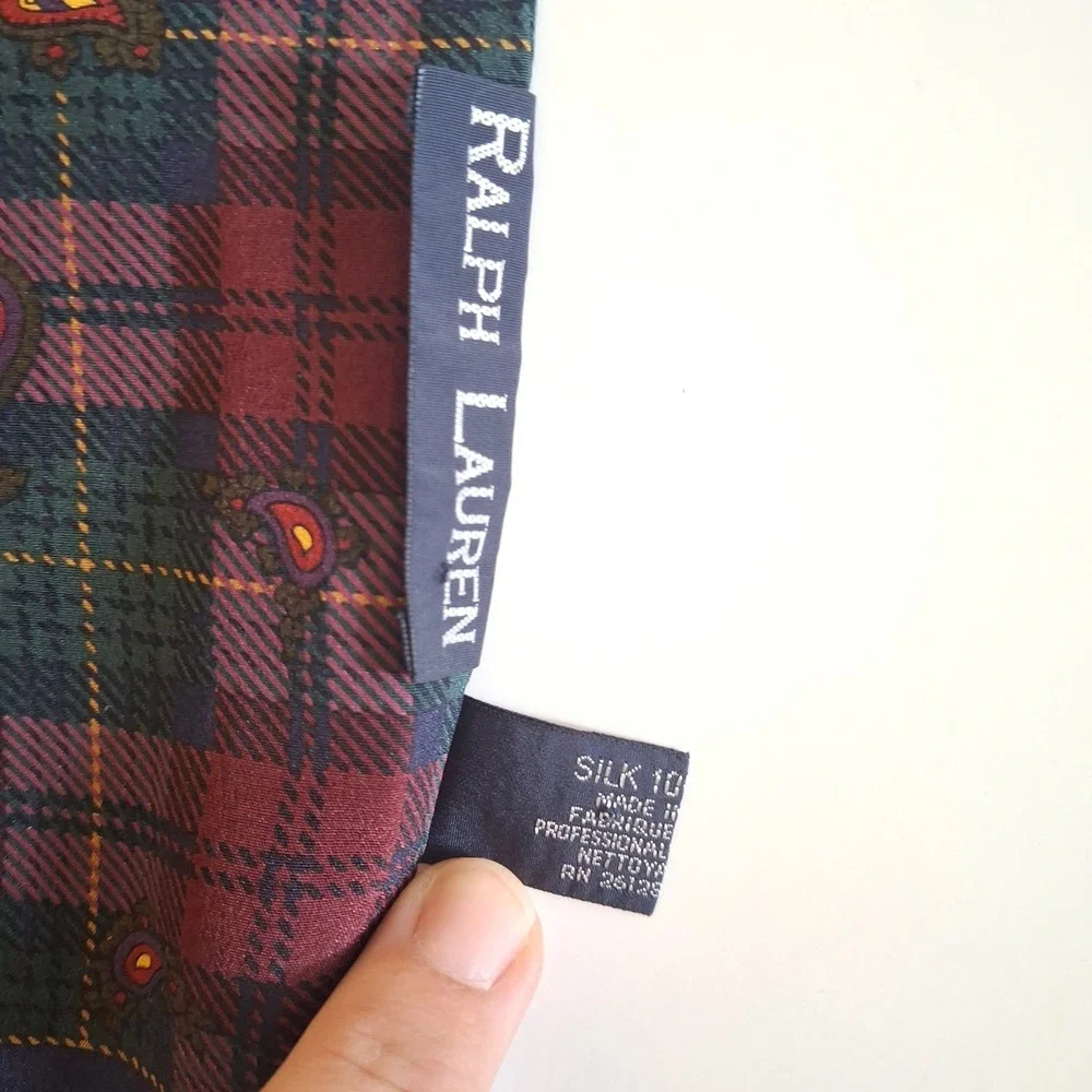 Ralph Lauren Vintage Silk Scarf Mens Plaid Paisley Burgundy Navy Classic Luxury